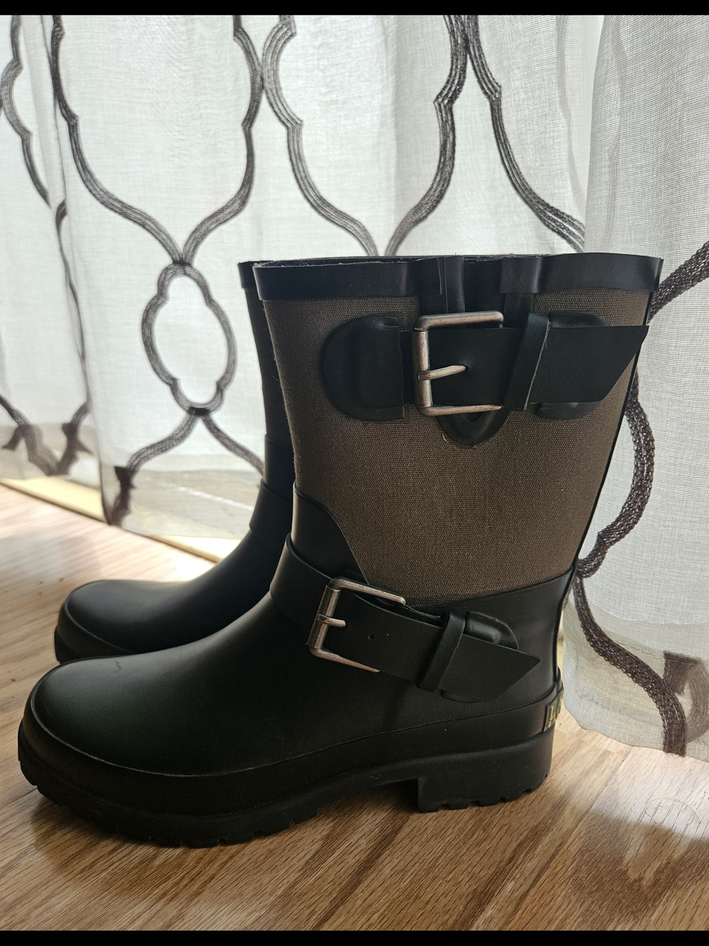 Ralph Lauewn Women's Black and Taupe Rain Boots with Buckle Detail Size 5